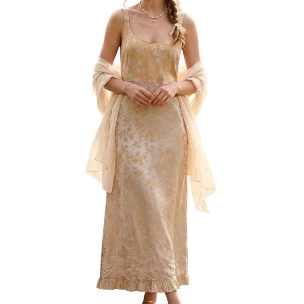Bella Notte Loungewear Silk Rayon Floral Damask Maxi Dress Champagne Gold Medium